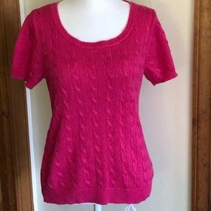 RALPH LAUREN Fuchsia Short Sleeve Cable Cotton Scoop Neck Sweater Medium